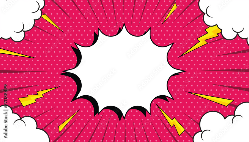 Aufkleber blank comic cartoon pink background with clouds and thunder lightning. empty dialog background thund