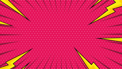 Obraz premium Pop art comic background with thunder flash. pink comic design with thunder background, comic illustration in pop art style. cartoon frame, retro cover halftone effect