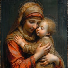 Holy depiction, Madonna and Child, revered in Catholicism as the Blessed Virgin Mary and Jesus Christ. the spiritual significance of this icon in Christian faith and tradition.