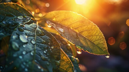 leaf deep droplets sunlight vibrant sunrise evening during rain beautifully daylight garden - obrazy, fototapety, plakaty