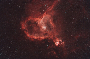 Astrophotography of the Heart Nebula, known as IC 1805 and Sharpless 2-190.