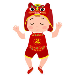 A baby wearing chinese first birthday ceremy traditional costumes.