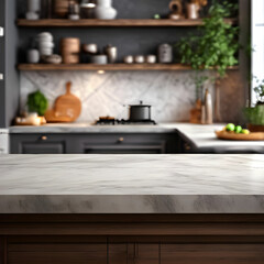 Fototapeta na wymiar Empty marble top table in kitchen room.New luxury home.
