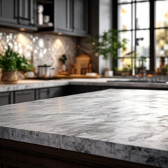Clean and empty marble countertop, with a white autumn afternoon window.