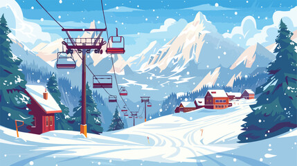 Winter snowy landscape with Ski equipment skis and