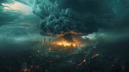 Environmental allergens visualized as an ominous cloud over a city, hyper-realistic style