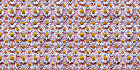 White and Yellow Daisy Chamomile Flowers on Pink Background Seamless Pattern