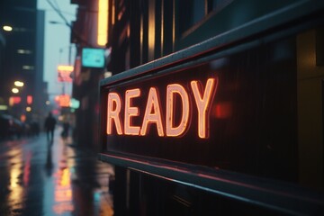 Slogan ready neon light sign text effect on a rainy night street, horizontal composition - obrazy, fototapety, plakaty