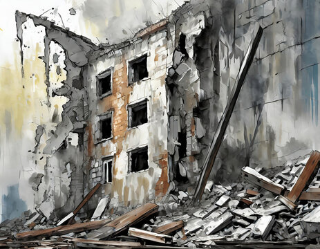 Painting of Collapsed and destroyed concrete industrial building. Disaster scene full of debris, dust and damaged house