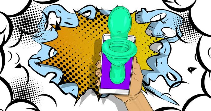 Cartoon Smartphone, comic book Telephone with Flush Toilet. Retro animation, comics pop art video.