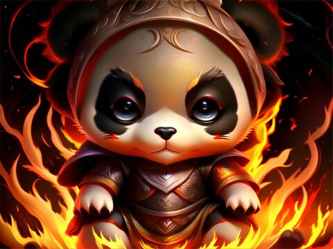 an adorable, stylized panda character clad in warrior armor, surrounded by intense, vivid flames, giving it a fierce yet cute appearance.