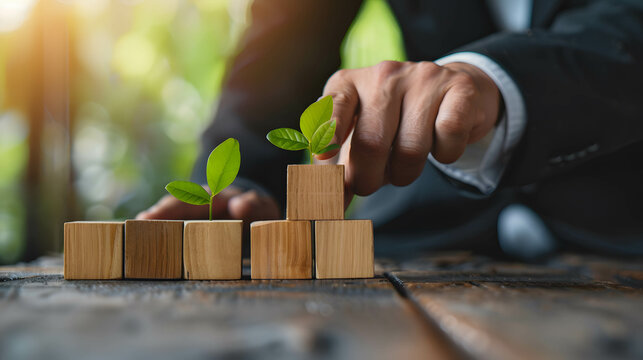 A businessman is putting wooden blocks with a growing plant on a table, this stock photo could be used for banner and copy space