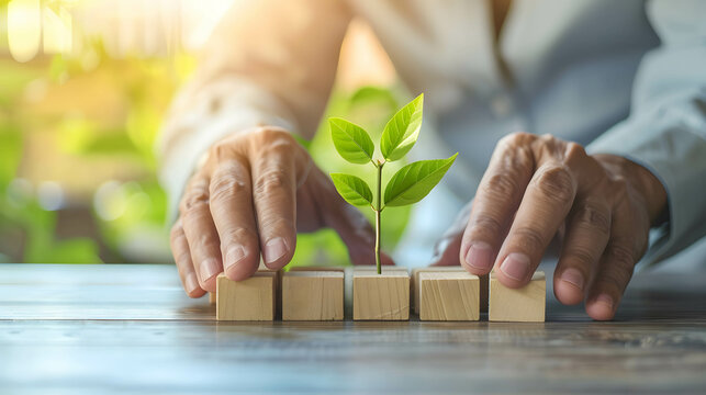 A businessman is putting wooden blocks with a growing plant on a table, this stock photo could be used for banner and copy space