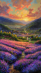 lavender field sunset background mountain valley factory bright popular puzzle floral renewal animal crossing new horizons - obrazy, fototapety, plakaty