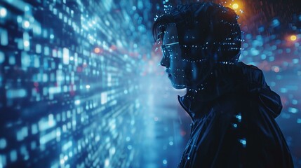 Tech wizard breaking codes with a backdrop of digital waves