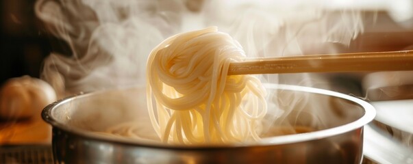 Udon noodles being gently lowered into a steaming pot