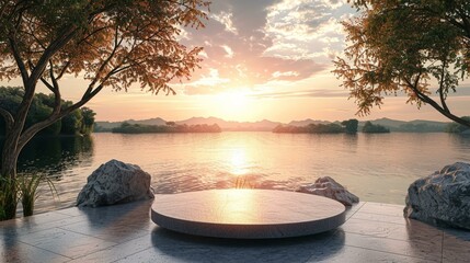 Serene 3d illustration of a podium by a tranquil lake at sunset, for wellness products - obrazy, fototapety, plakaty