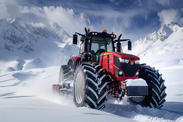 Large Powerful Rural Tractor Advancing Through Snow-Covered Mountains for High Productivity Harvest