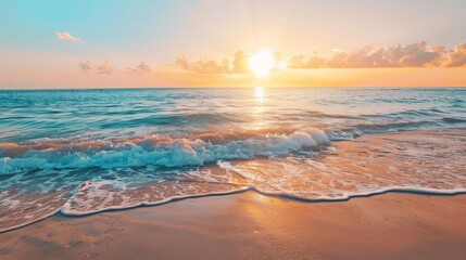 Closeup sea sand beach. Panoramic beach landscape. Inspire tropical beach seascape horizon.