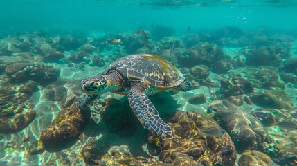 Obraz na płótnie Canvas Endangered Hawaiian Green Sea Turtle Cruising in the warm waters of the Pacific Ocean