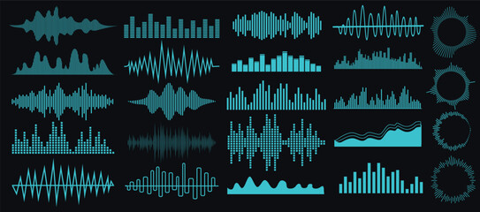 Set Sound vibration waves in different shapes set isolated elements set of vibration and waving lines Vector illustration.