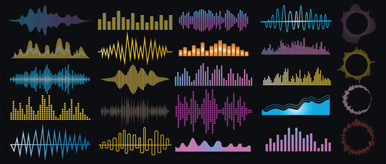 Set Sound vibration rgb waves in different shapes set isolated elements set of vibration and waving lines Vector illustration.