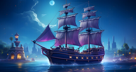 Naklejka premium a pirate ship in the sea at night