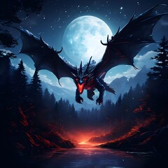 A giant red-eyed dragon flying through the woods under the moonlight. Generative AI - obrazy, fototapety, plakaty