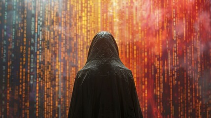 Hooded figure against a tapestry of hacking sequences - obrazy, fototapety, plakaty