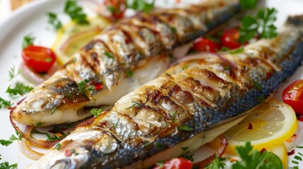 Marinated mackerel fillet with sliced onion and parsley, healthy food - obrazy, fototapety, plakaty