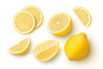 Fresh organic yellow lemon fruit with slice isolated on white background . Top view. Flat lay