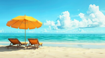 Fototapeta na wymiar Pair of sun loungers and a beach umbrella on a deserted beach; perfect vacation concept