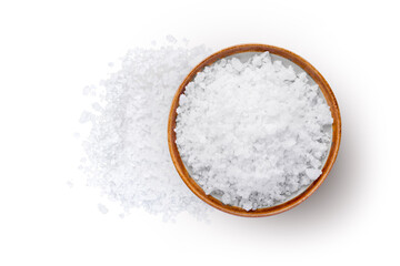 Fototapeta na wymiar Closeup coarse or rock natural sea salt in brown bowl isolated on white background. Clipping path. Top view. 
