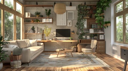 rendering interior of cozy living room. Remote working and work from home as an office is a new business trend.