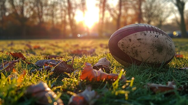 Rugby ball on grass sunset casting golden hues long shadows serene endofday game atmosphere