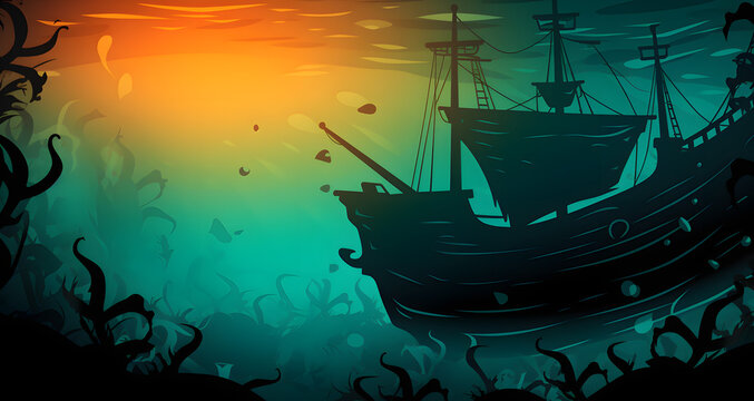 the illustration depicts an old dark pirate ship in an ocean