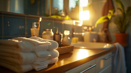 Sunlit bathroom with hygiene products and fresh towels. - obrazy, fototapety, plakaty