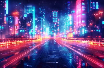 Fototapeta premium A blurred background of a neon-lit cityscape at night, with skyscrapers and streets glowing in vibrant colors, creates an atmosphere reminiscent of cyberpunk aesthetics. In the foreground is an empty