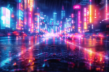 Obraz premium Abstract cityscape background with neon lights and skyscrapers on the street, in the cyberpunk style. A blurred road leading to an unknown future or distant cities. 