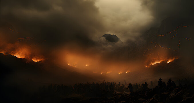 a group of people stand in front of an image of a burning mountain