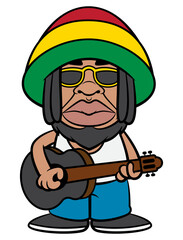 Dreadlocks men with bearded face wearing sunglasses, beanie hat with rastafarian flag colors. Playing music reggae with acoustic guitars. Best for sticker, mascot, and logo with reggae music themes