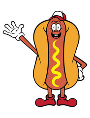 Funny Hotdog mascot cartoon characters wearing baseball cap and greeting peoples. Best for mascot, sticker, and logo with culinary business themes