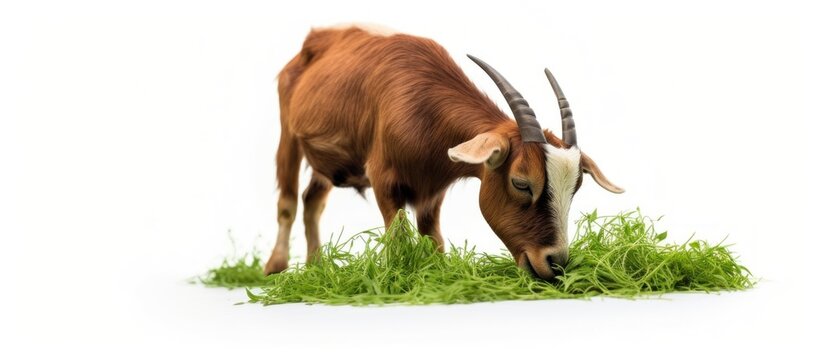 goat eat grass white background. isolated on white photo 