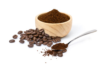 Roasted coffee beans with coffe powder (ground coffee) in wooden bowl and spoon isolated on white background. 