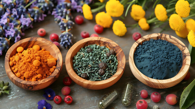 Closeup of dietary supplements, medicinal herbs, and flowers include turmeric, dried lavender, spirulina powder in wooden bowls, fresh berries, and omega fatty acid capsules.