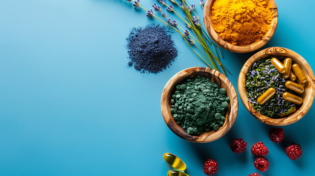 Holistic medicine approach. Healthy food eating, dietary supplements, healing herbs and flowers. Turmeric, dried lavender, spirulina powder in wooden bowls, omega acid capsules isolated on blue 