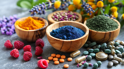 Closeup of dietary supplements, medicinal herbs, and flowers include turmeric, dried lavender, spirulina powder in wooden bowls, fresh berries, and omega fatty acid capsules. - obrazy, fototapety, plakaty