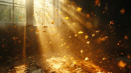 Foto op Plexiglas Pollen swirling in a beam of light entering a dark room, capturing seasonal allergies © komgritch