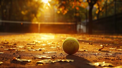Tennis ball on a clay court. - obrazy, fototapety, plakaty