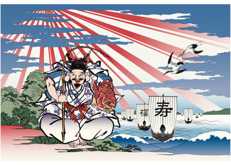 浮世絵 歌川国貞のえびす様と屋島岳亭の天保山方船のイメージイラスト